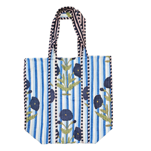 Quilted Block Print Tote Bag - Blue Flower