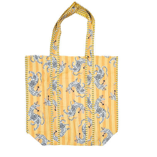 Quilted Block Print Tote Bag - Yellow Spiral Figure