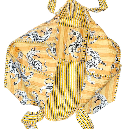 Quilted Block Print Tote Bag - Yellow Spiral Figure