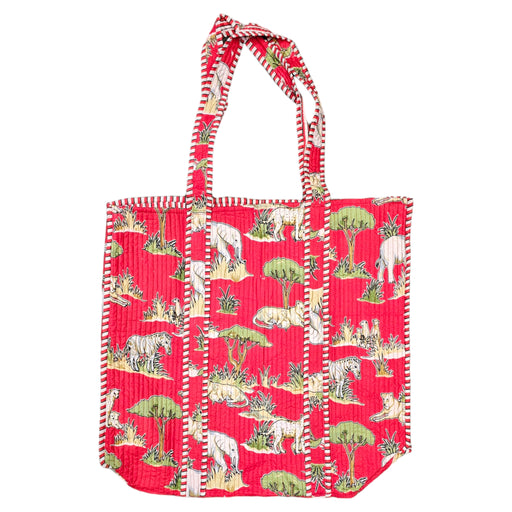 Quilted Block Print Tote Bag - Red Safari