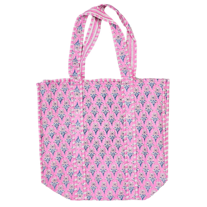 Quilted Block Print Tote Bag - Pink Butti Flower