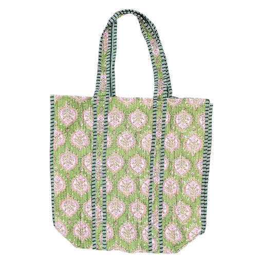 Quilted Block Print Tote Bag - Apple Green & Pink