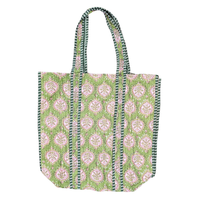 Quilted Block Print Tote Bag - Apple Green & Pink