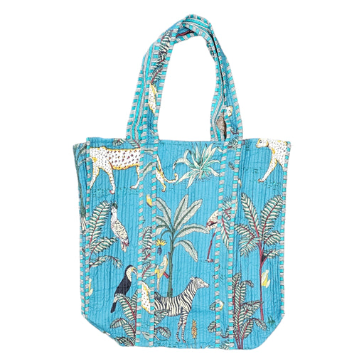 Quilted Block Print Tote Bag - Teal Zoo