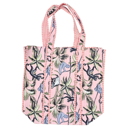 Quilted Block Print Tote Bag - Pink Monkey