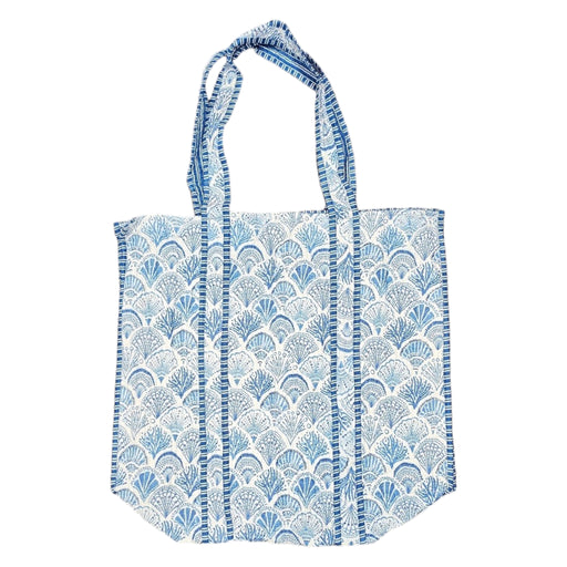 Quilted Block Print Tote Bag - Blue Shell