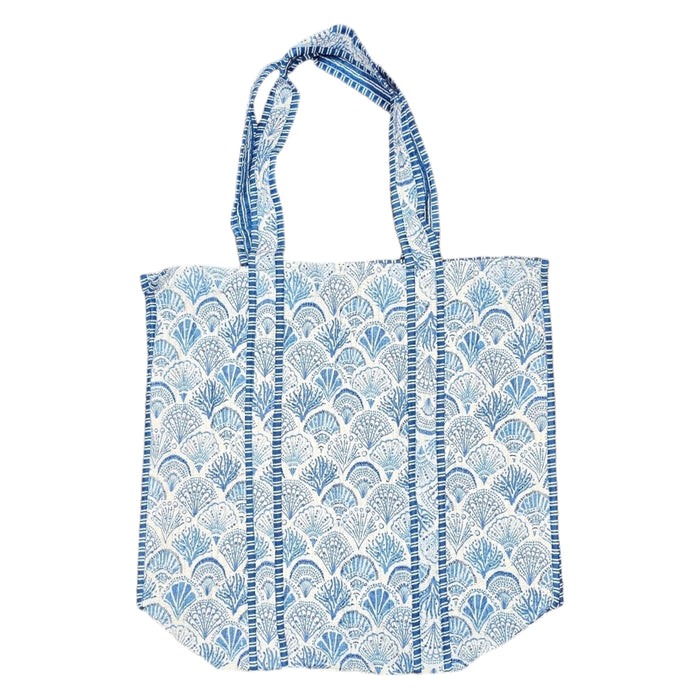 Quilted Block Print Tote Bag - Blue Shell