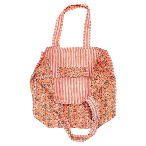 Quilted Block Print Tote Bag - Orange Running Flower