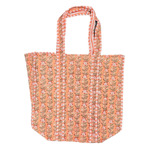 Quilted Block Print Tote Bag - Orange Running Flower