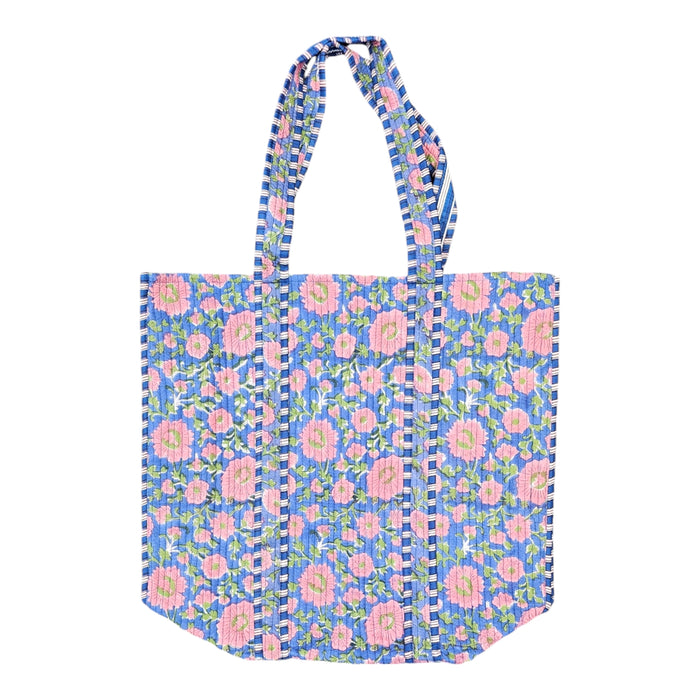 Quilted Block Print Tote Bag - Pink on Blue Flowers