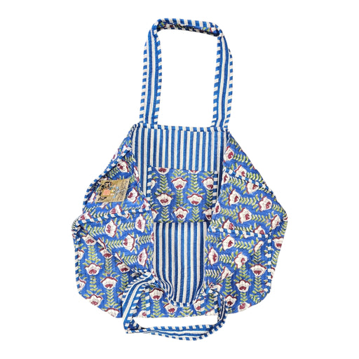 Quilted Block Print Tote Bag - Blue Chain Flower