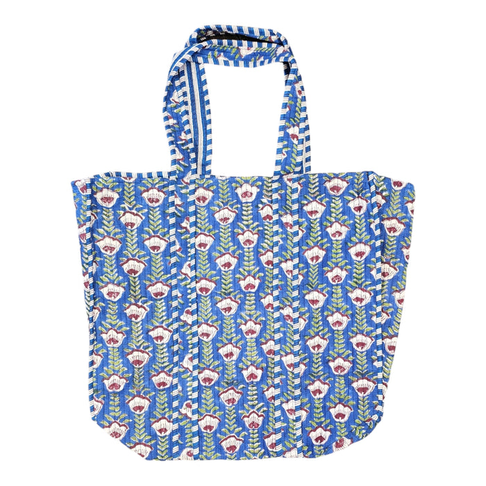 Quilted Block Print Tote Bag - Blue Chain Flower