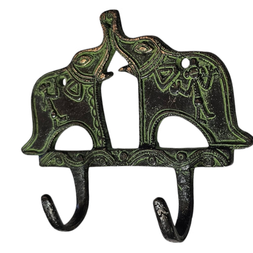 Green Double Elephant Kiss Brass Hook