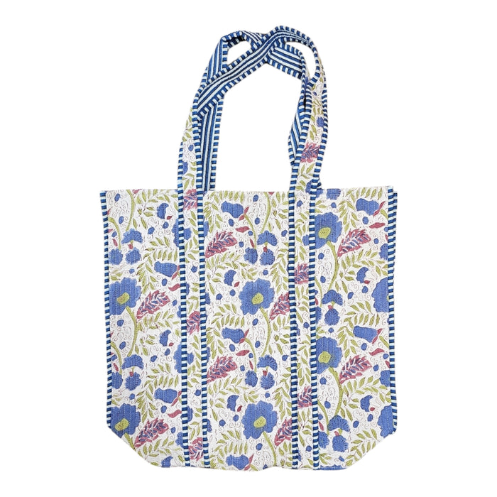 Quilted Block Print Tote Bag - Blue Floral Spray