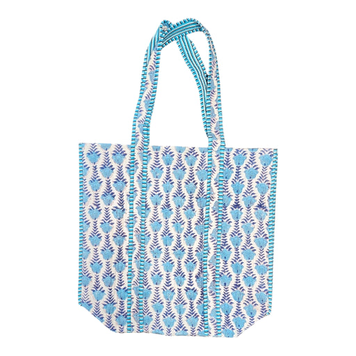 Quilted Block Print Tote Bag - Turquoise Running Flower