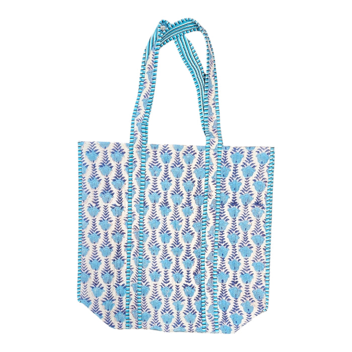 Quilted Block Print Tote Bag - Turquoise Running Flower