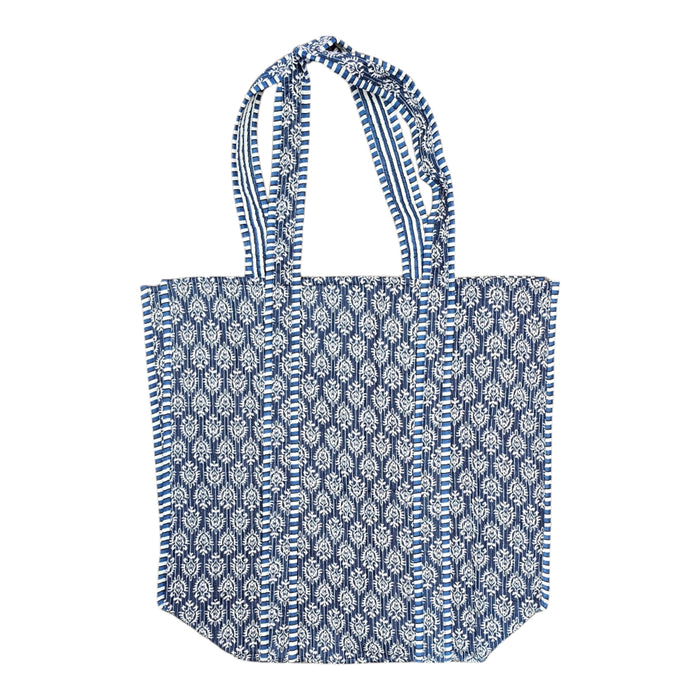 Quilted Block Print Tote Bag - Indigo Booty Flower