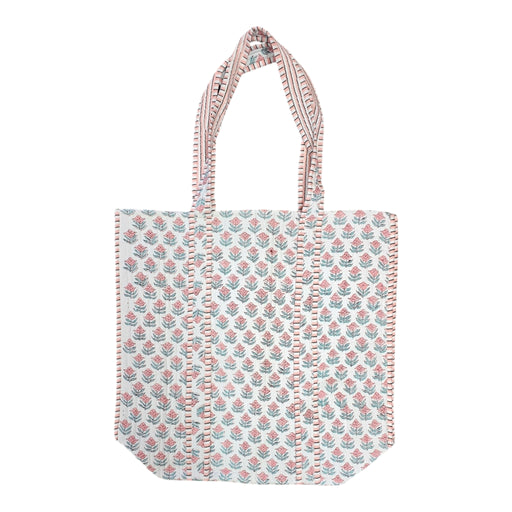 Quilted Block Print Tote Bag - Pink and Sage Booty Flower