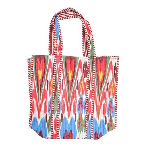 Quilted Block Print Tote Bag - Red Ikat