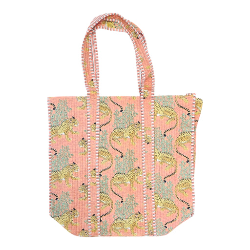 Quilted Block Print Tote Bag - Salmon Leopard