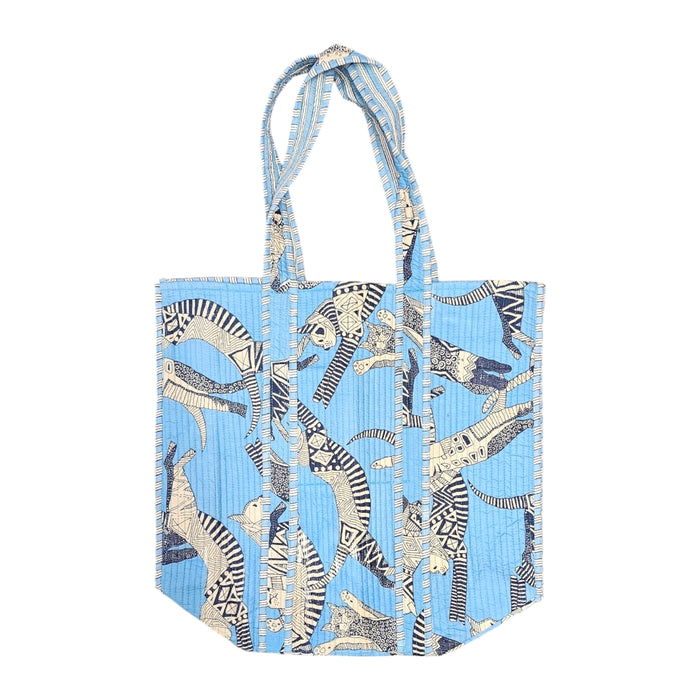 Quilted Block Print Tote Bag - Blue Cats