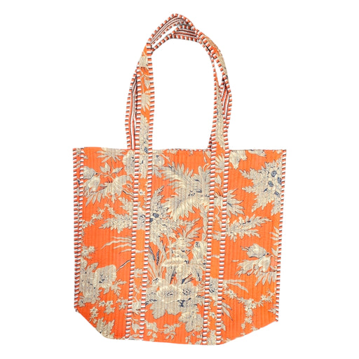 Quilted Block Print Tote Bag - Orange Floral