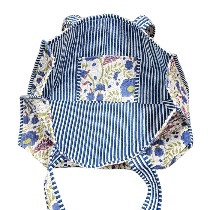 Quilted Block Print Tote Bag - Blue Floral Spray