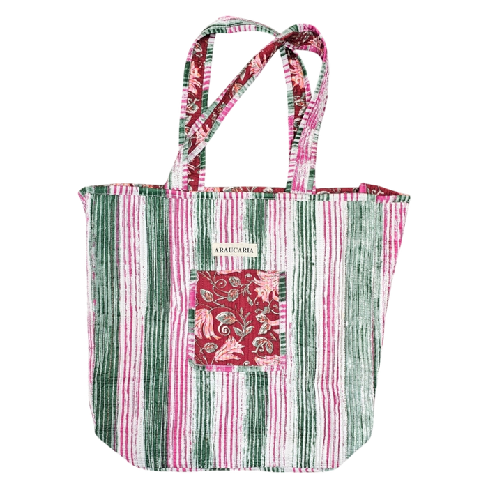 Quilted Block Print Tote Bag - Cardinal Pink