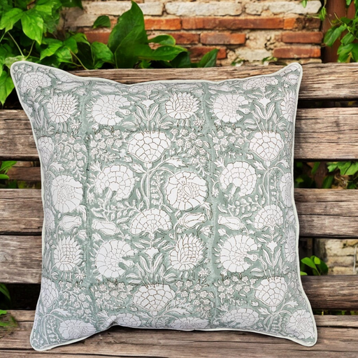 Block Print Cushion Cover - Iguana Green Floral Design