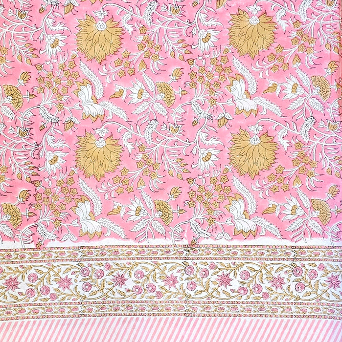 Hand Block Printed Cotton Pink & Gold Floral Tablecloth