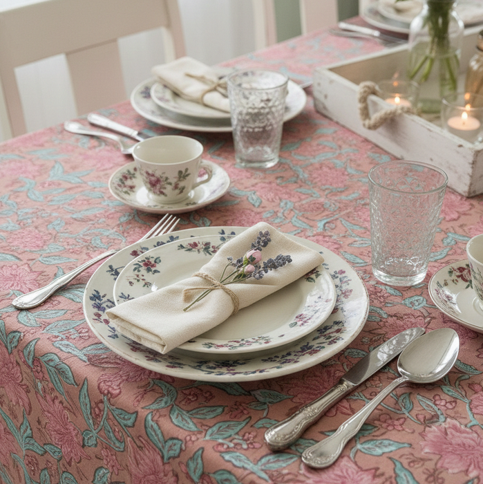Elegant table setting with a floral pink lily block print tablecloth, plates, cups, and silverware.