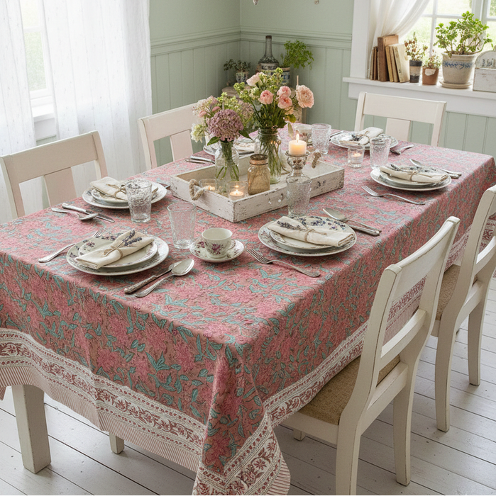 Dining room with a table set for a meal, featuring the pink lily floral tablecloth and decorative elements.