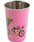 Pink tumbler with a bicycle design on a white background