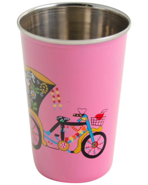 Pink tumbler with a bicycle design on a white background