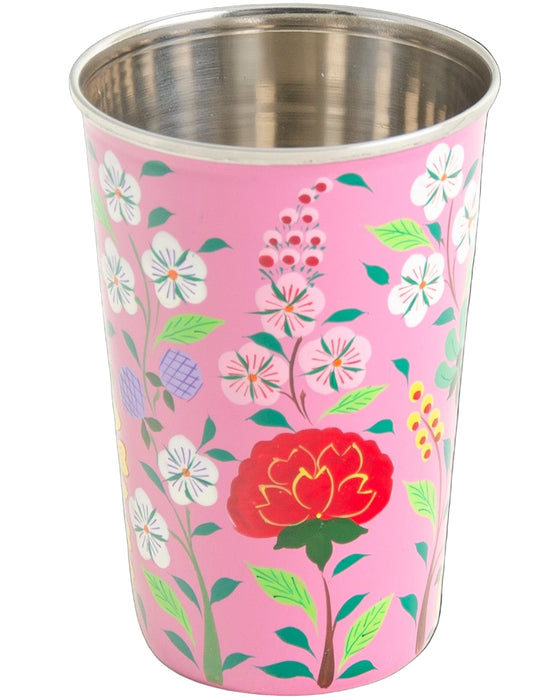 Pink floral-patterned stainless stell tumbler