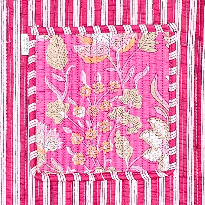 Popping Pink Quilted Cotton Tote Bag with Inside stripey lining and pocket