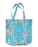 Floral and bird-patterned tote bag on a blue background