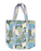 Tote bag with a peacock, palm tree and temple design on a bue grey background