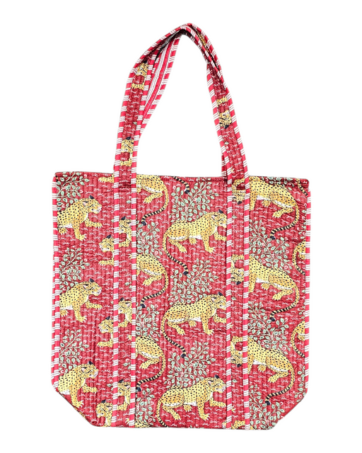 Tote bag with leopard pattern on a red background
