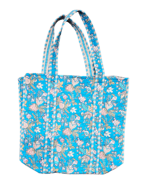 Quilted Cotton Tote Bag with a floral turquoise design