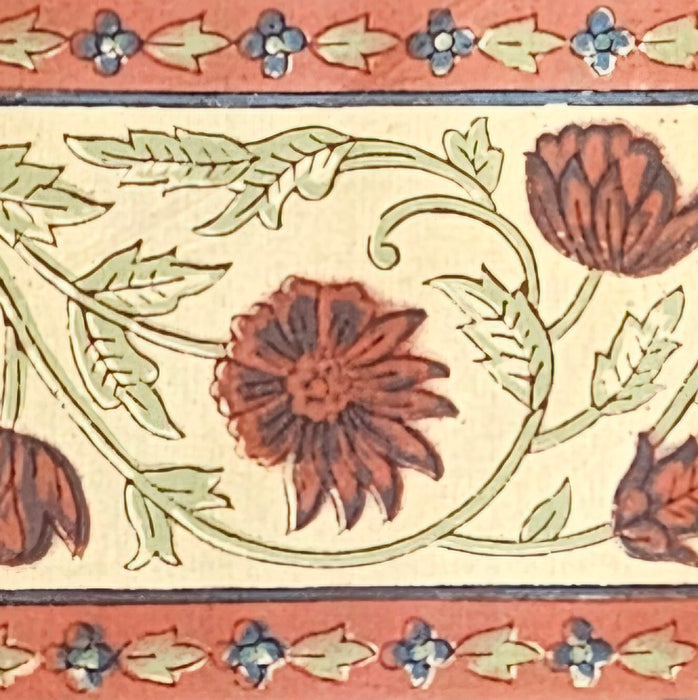 Terracotta rust and slate blue hand-block printed botanical themed cotton tablecloth showing a close up shot of the border.