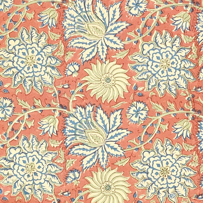 Terracotta rust and slate blue hand-block printed botanical themed cotton tablecloth.