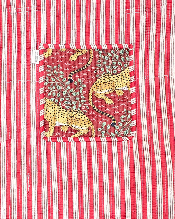 Red Leopard Quilted Cotton Tote Bag with Inside stripey lining and pocket