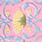 A close-up of a pink patterned surface featuring a central yellow flower with a green center, surrounded by blue leaves and stems.