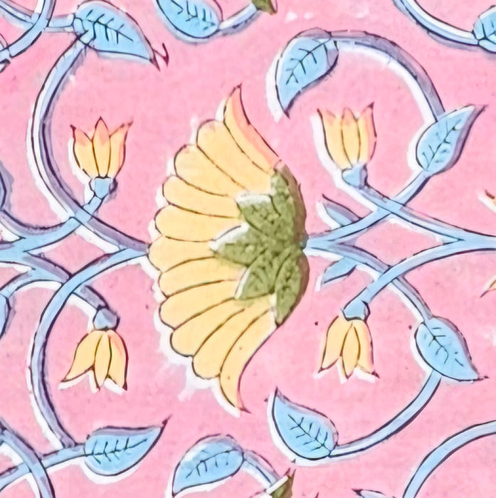 A close-up of a pink patterned surface featuring a central yellow flower with a green center, surrounded by blue leaves and stems.