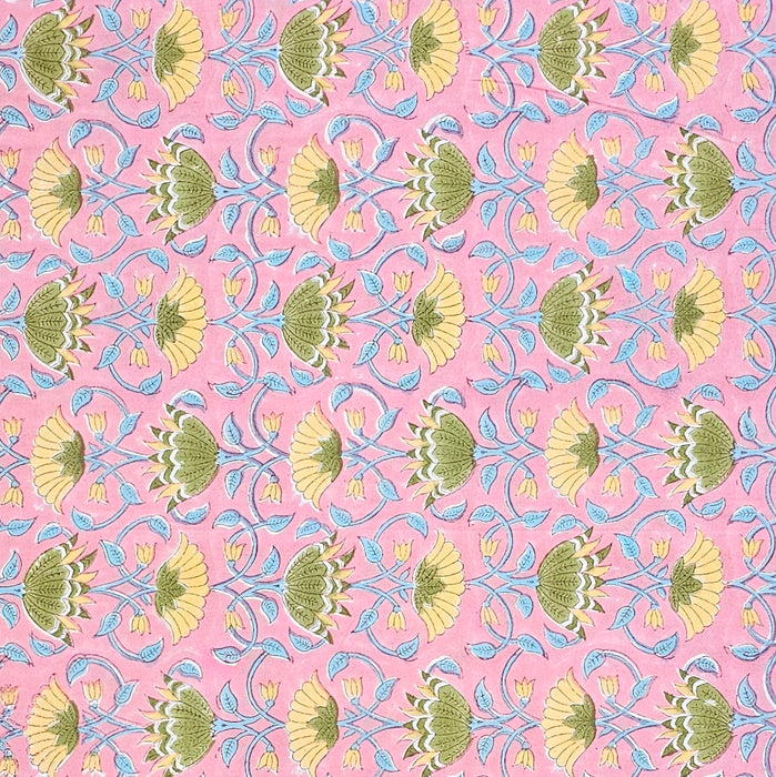 A repeating floral pattern on a pink background, featuring yellow flowers with green centers and light blue vine details.