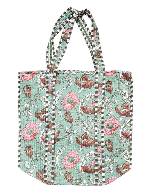 Sage Green Quilted Cotton Tote Bag with Pink and Brown Floral Motifs