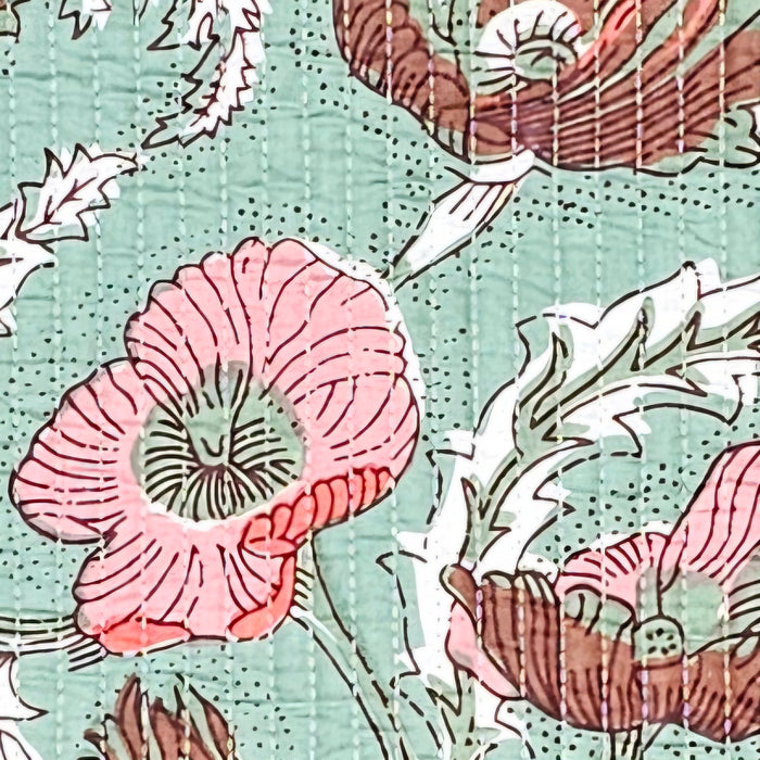 Close-up of a floral pattern with pink and brown flowers on a sage green background