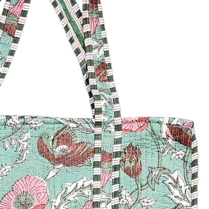 Close-up of the strap of the Sage Meadow Quilted Cotton Tote Bag.