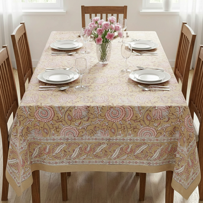 Dining table set with a block printed tablecloth, plates, and chairs in a bright room.